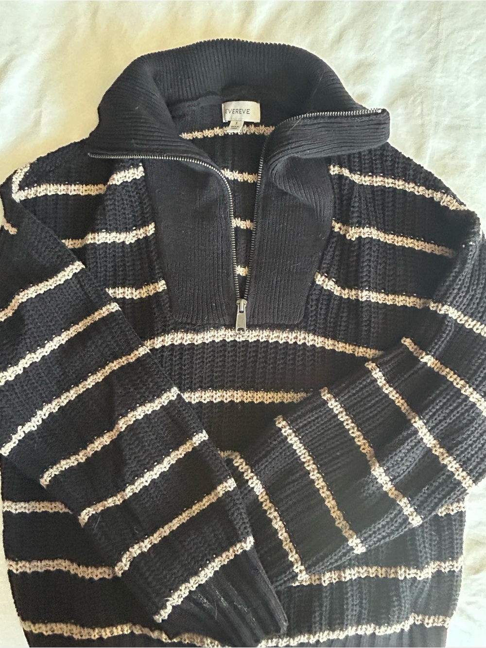 Evereve Women’s Black and Cream Striped Quarter-Zip Sweater